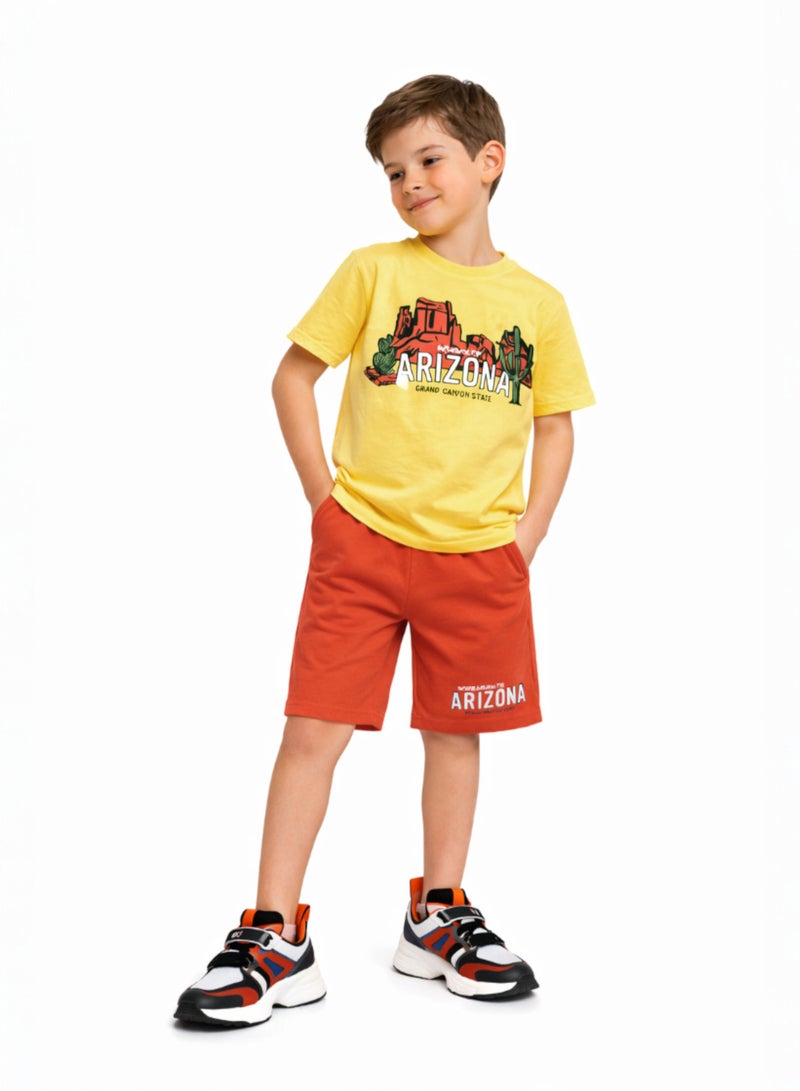 victor and jane Boys Arizona Graphic T-Shirt & Rust Orange Shorts Set - Image 1